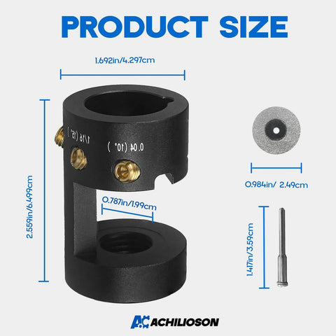 Top Tier TIG Tungsten Electrode Sharpener With Four Precision Grinding Notches and Heavy Duty Brass Alignment Sleeve, product size dimensions shown.