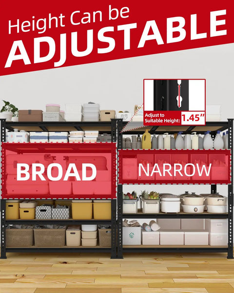 Beefy Heavy Duty Garage Storage Shelves Five Tier Metal Rack With 650 Lbs Per Shelf And 3250 Lbs Total Load Capacity Powder Coated Steel Frame With Thickened Wood Boards For Garage And Workshop, adjustable shelving in broad and narrow setups
