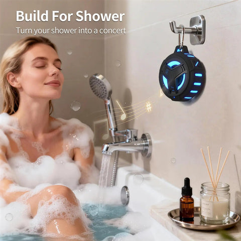 Bluetooth Shower Speaker With LED Light, IP67 Waterproof And Floating, 2000mAh Battery, True Wireless Stereo, in bathroom setting
