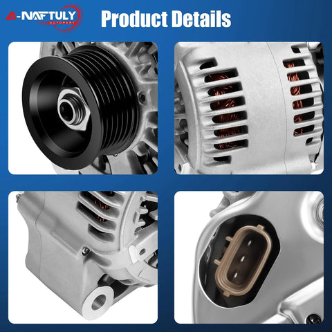 High-Output Alternator for Toyota Tundra and Sequoia, 6-groove pulley, detail views, Beefed Up High Output Alternator Replacement For 2000 2001 2002 Toyota Tundra 4.7L V8 And 2001 2002 Toyota Sequoia 4.7L V8 Fits 1022110610 13859N 270600F020 270600F02084 3341817 40052061 AND0279.