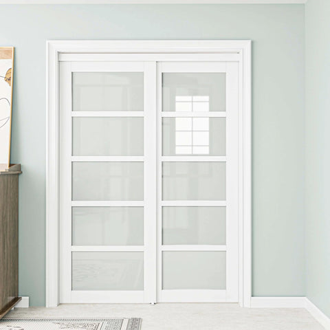 60 Inch By 80 Inch Sliding Closet Door Set With Double 31 Inch Panels 5 Lite Frosted Glass 4mm Tempered Glass in bedroom