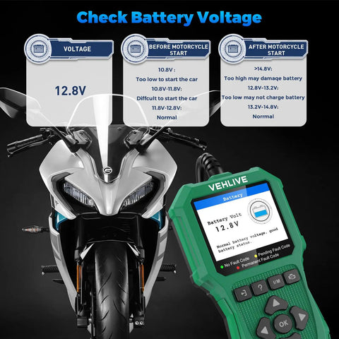 Motorcycle with VEHLIVE's V880 Upgraded 2025 Motorcycle Diagnostic Tool showing battery voltage for Yamaha Honda Kawasaki BMW.