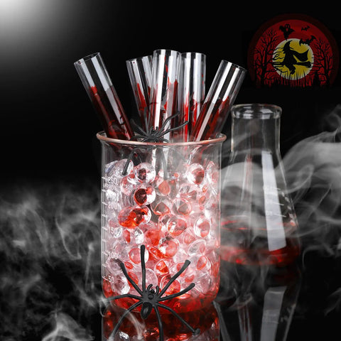 50 Pack Clear Plastic Test Tubes 16x100mm With Red Caps And Blue Rack Holder For Nurse Party Decor And Halloween Favors in smoky beaker