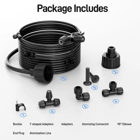 Outdoor Patio Misting System Kit 20Ft With Upgraded 4th Gen Nozzles components including hose, adapters, and connectors
