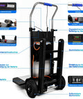 Powerful Electric Stair Climbing Hand Truck With Heavy Duty Rubber Tracks And Adjustable Tray For Moving Furniture Up Stairs Fast Plus Lithium Battery Safety Rope Gear showcasing control panel and rubber tracks.