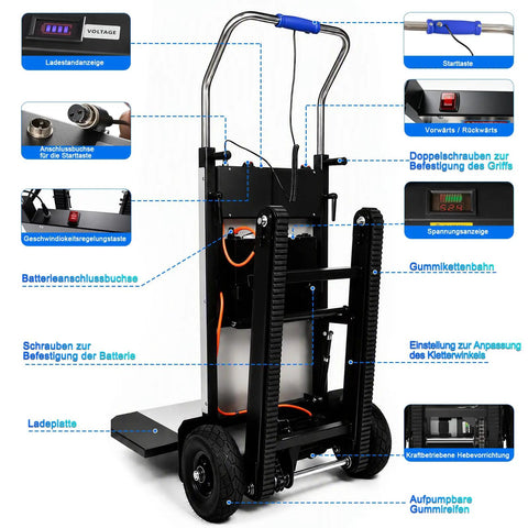 Powerful Electric Stair Climbing Hand Truck With Heavy Duty Rubber Tracks And Adjustable Tray For Moving Furniture Up Stairs Fast Plus Lithium Battery Safety Rope Gear showcasing control panel and rubber tracks.