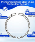 Heavy Duty Two Pack Stainless Steel Gate Chain Lock Built Tough As Nails With Rust Resistant Carabiners For Secure Farm Yard Perimeter Control And Livestock Gate Safety, showing a detailed stainless steel chain with weather-proof features.
