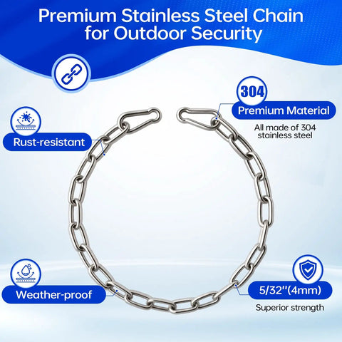 Heavy Duty Two Pack Stainless Steel Gate Chain Lock Built Tough As Nails With Rust Resistant Carabiners For Secure Farm Yard Perimeter Control And Livestock Gate Safety, showing a detailed stainless steel chain with weather-proof features.