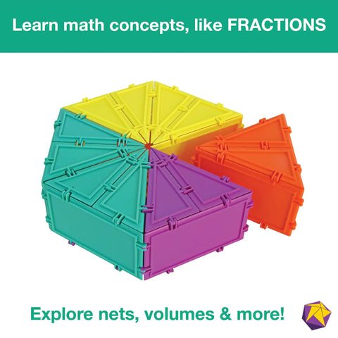 3D Math Building Set With Snap Together Tiles And Online Activities, 96 Piece STEM Learning Kit For Kids And Adults, Made In USA, A Fun Way to Boost Fine Motor Skills And Spatial Reasoning. Colorful snap-together math tiles arranged into a cube