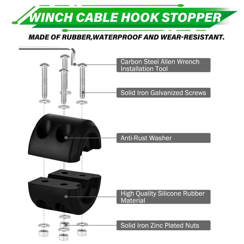 Off Road Winch Rope Kit For 4x4 Vehicles Three Sixteenth Inch By 50 Foot Synthetic Cable 8500 Lbs Green With Protective Sheath Heavy Duty Hook Safety Pull Strap Rubber Stopper components description