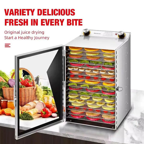 Heavy Duty Commercial Food Dehydrator 18 Trays Stainless Steel Snack Dryer with fruit on racks and open door.