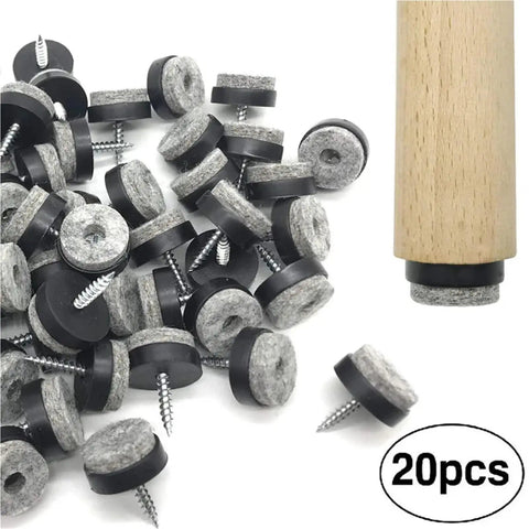 Heavy Duty Furniture Sliders For Carpet And Hardwood With Thick Felt Pads Screw In Chair Glides with screws and wooden leg in view.