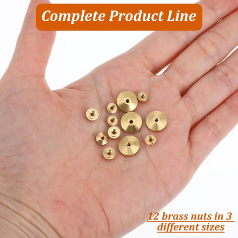 Hand holding Brass Clock Hand Nut Set 12 Pcs Assortment For Quick Clock Fixes On Grandfather Wall And Mantel Clocks