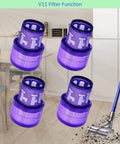 4 Pack V11 Torque Drive Replacement Vacuum Filters For Cordless Vacuum Cleaners SV14 Animal And V15 Detect Models, shown with vacuum cleaner