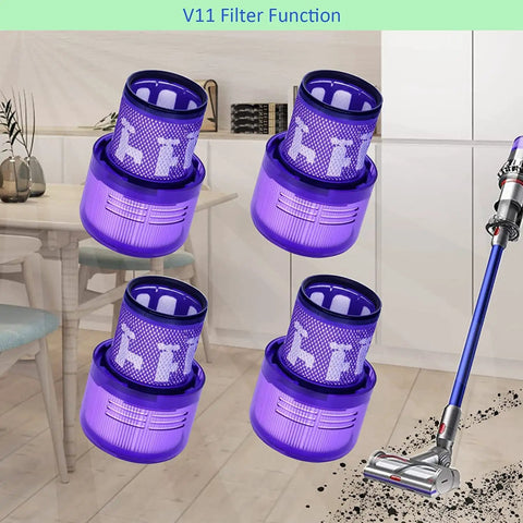 4 Pack V11 Torque Drive Replacement Vacuum Filters For Cordless Vacuum Cleaners SV14 Animal And V15 Detect Models, shown with vacuum cleaner