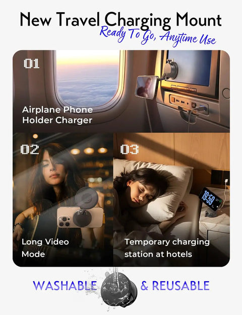 Image of MagSafe Car Mount Charger With 25W Fast Wireless Power in various travel settings, including airplane and hotel.