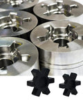 Close-up of metal L-Jaw coupling discs with two black NBR rubber spider inserts (L090/L095), 2-pack.