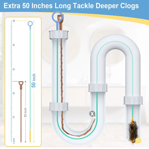 50 Inch Reusable Drain Snake 3 Pack Tough Nylon Hooks shown tackling deep clogs in curved pipes with hair buildup.