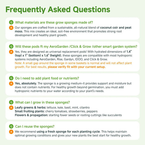 Frequently asked questions about round hydroponic growth sponges, highlighting materials, compatibility, nutrient needs, and usage tips