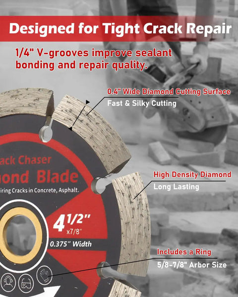 Heavy Duty Diamond Crack Chaser Blade For Concrete Repair Work Built Tough to Chew Through Pavement on Any Standard 4 5 Inch Angle Grinder Featuring a Secure 7 8 Inch Arbor and a Razor Sharp Cut.
