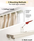 Dual Track Ceiling And Wall Curtain System, Heavy Duty Double Rails With Silent Slides For Room Dividers, 8ft To 10ft Length, Includes Hooks Clips Brackets, White ceiling and wall install
