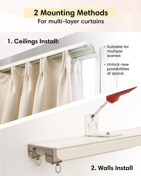 Dual Track Ceiling And Wall Curtain System, Heavy Duty Double Rails With Silent Slides For Room Dividers, 8ft To 10ft Length, Includes Hooks Clips Brackets, White ceiling and wall install