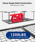 Overhead Garage Storage Rack 4x8 Ceiling Mount Beefy Heavy Duty Metal Rack With 750 Lbs Capacity shown with load-bearing text