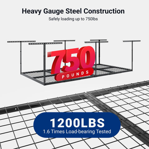 Overhead Garage Storage Rack 4x8 Ceiling Mount Beefy Heavy Duty Metal Rack With 750 Lbs Capacity shown with load-bearing text