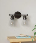 Two Light Farmhouse Vanity Light Fixture Over Mirror Wall Lamp For Bathroom With Clear Glass Shades And Oil Rubbed Bronze Finish