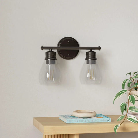 Two Light Farmhouse Vanity Light Fixture Over Mirror Wall Lamp For Bathroom With Clear Glass Shades And Oil Rubbed Bronze Finish