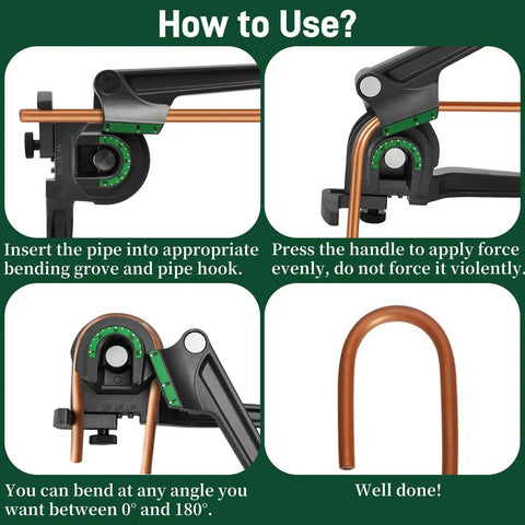 Pumtus 3 In 1 Manual Tube Bender For Copper Pipe 128 Inch And Brass Tubing Bending Tool with rubber handle and bending instruction images.
