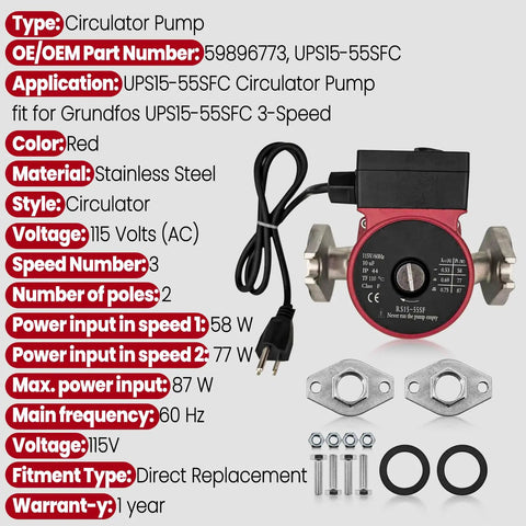 Stainless Steel Hot Water Circulator Pump Replacement for UPS15-55SFC 59896773 showing red pump with electrical cord and flange fittings.
