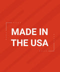 Red background with white text stating 'Made in the USA'.