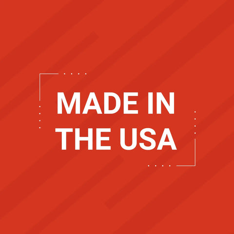 Red background with white text stating 'Made in the USA'.