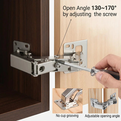 2 Pack 170 Degree Soft Close Cabinet Hinges For Corner Cabinets shown in use with adjustable opening angle, no pre-drilling needed.
