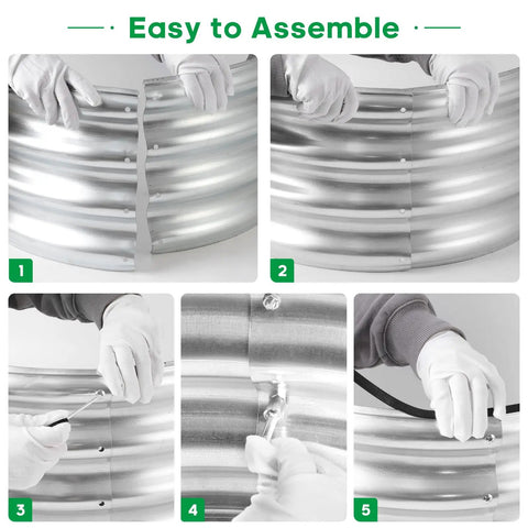 Raised Garden Bed Kit 2x2x1ft Galvanized Outdoor Planter Boxes With Easy Assembly For Vegetables, Fruits, And Flowers shown in assembly stages with gloves, wrench tools, and rubber edge strips."}