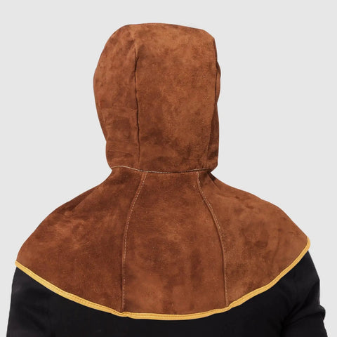 Cowhide Leather Welding Hood With Shoulder Cape Kevlar Reinforced Full Head Coverage Brown OSHA Compliant Durable Protective Helmet