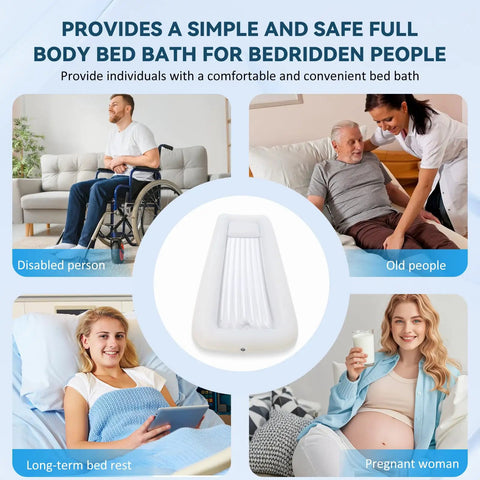 Heavy Duty Inflatable Bedside Shower Bath Kit Made From Medical Grade PVC for easy full body cleansing, used by disabled and pregnant individuals.