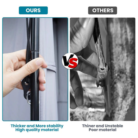 Outdoor Privacy Shower Tent With Dressing Room And Portable Toilet frame comparison showing thicker, high-quality material versus thinner material.