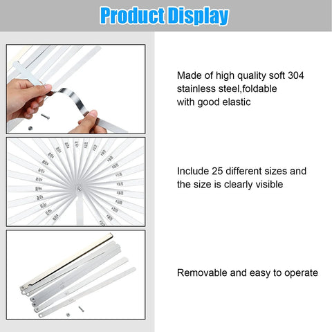 Hotop 25-blade stainless steel feeler gauge set with foldable blades and metric/imperial markings.