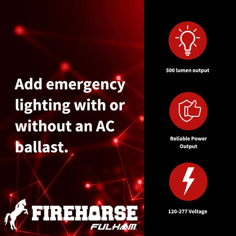 FireHorse 7 Emergency Ballast Universal Voltage White 500 Initial Lumen Output, Energy Efficient, informational graphic