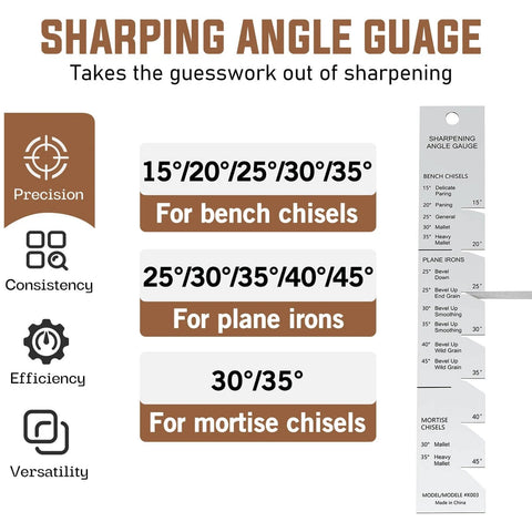 Sharpening angle gauge for bench chisels, plane irons, and mortise chisels with precision and efficiency labels.