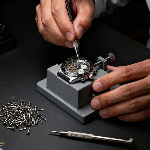 Watchmaker using 100 Piece Watch Battery Clamp Screws Set For Tiny Small Screws, Pro Grade Repair Kit Tools