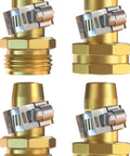 Heavy Duty Garden Hose Repair Kit For Five Eighths And Three Quarters Inch Hoses Leak Proof Metal Mender And Connector Set with male and female fittings, four pieces shown in gold and grey.