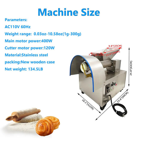 Technical diagram of Pro Grade Dough Divider Cutter Machine 1g To 300g, with size dimensions and stainless steel casing.