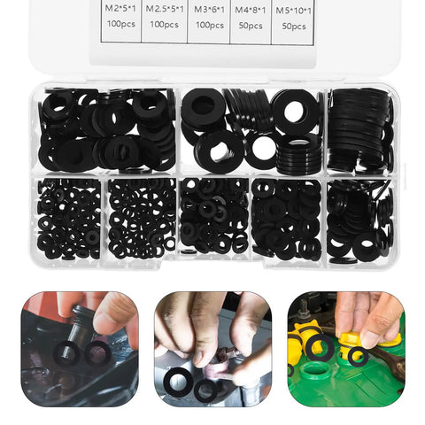 Black Nylon Flat Washers 500 Piece Kit Insulating Mounting Hardware Spacers M2 To M10 For Electrical Outlets And Receptacles Easy DIY Spacing Solution in organizer case
