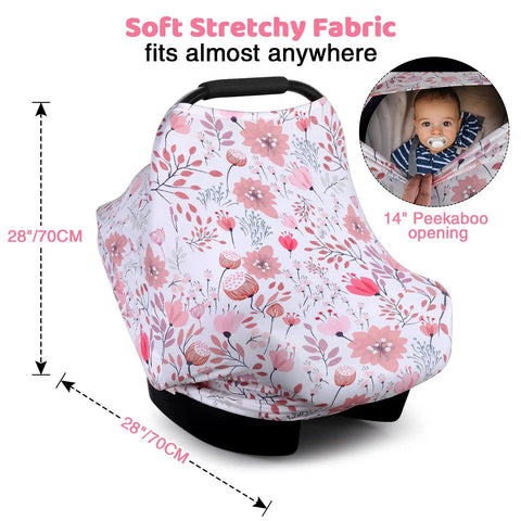 All In One Baby Car Seat Cover Nursing Shield For Boys And Girls Stretchy Soft Infant Canopy in floral design with dimensions