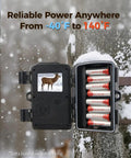 Heavy Duty 1.5V Lithium AA Batteries 24 Pack in a camera housing, designed for outdoor use between -40°F and 140°F.