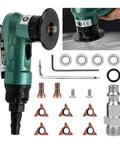 Mini Pneumatic Chamfering Tool, Handheld Air Deburring Machine with green body, R angle blades and accessories.