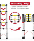 8.5 Ft Telescoping Aluminum Ladder With 330 Lb Capacity, Foldable Retractable Extension Ladder For Home Chores Attic Roof RV And Outdoor Cleaning, Stable Locking System For Safe Easy Climb self-locking design shown folded and extended